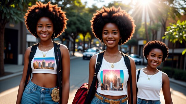 Picture of multiethnic young three happy students standing outdoors. Happy African young women different dressed in colorful outfit laughing looking at camera standing on street. Generative AI