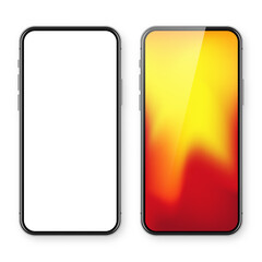 Smartphone with blank touch screen and abstract colorful background, wallpaper. Frameless mobile phone in front view. High quality detailed device mockup. Vector illustration