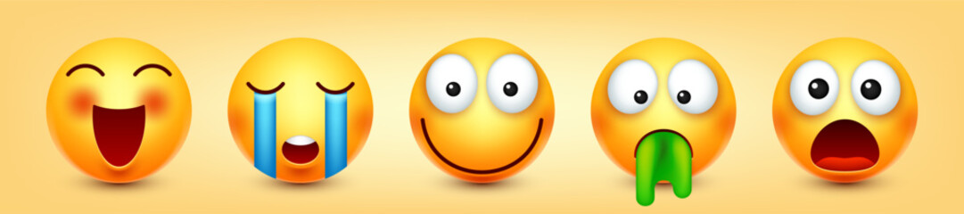 Cartoon emoji, emoticons collection. Yellow face with emotions, mood. Facial expression, realistic emoji. Sad, happy, angry faces. Funny character with smiling face. Vector illustration