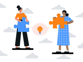 Connecting puzzle concept. Teamwork metaphor. Collaboration and cooperation, teamwork and partnership. Brainstorming, insight and idea. Communication and interaction. Cartoon flat vector illustration