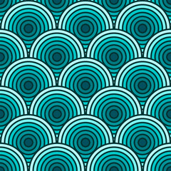 Colorful Chinese and Japanese seamless pattern. Traditional asian ornament, oriental New Year decoration. Modern blue background, geometric texture with waves. Vector illustration