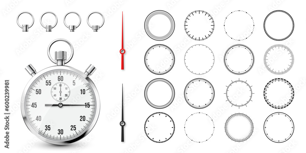 Wall mural classic stopwatch with clock faces. shiny metal chronometer, time counter with dial. countdown timer
