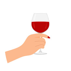 Woman's hand holding wine glass. Graceful female arm and glass of red wine in flat illustration isolated on white background. Alcoholic drink in glass. Vector illustration
