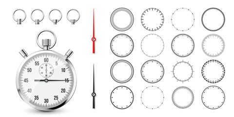 Classic stopwatch with clock faces. Shiny metal chronometer, time counter with dial. Countdown timer showing minutes and seconds. Time measurement for sport, start and finish. Vector illustration