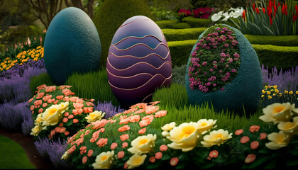 Obraz na płótnie Canvas Colorful Easter Eggs Nestled Among Beautiful Flowerbeds