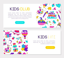 Kids club landing page templates design set. Kids life, smart children education club website banner vector illustration
