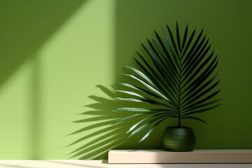 Fototapeta premium Simple abstract green background illuminated with bright sunlight, with palm leaf shadow. Modern minimal showcase scene for product presentation