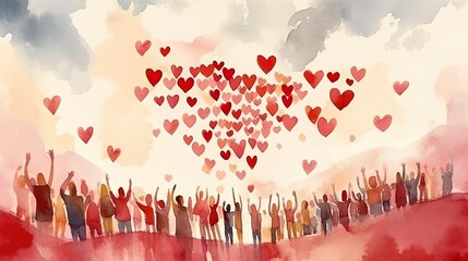 Diverse people with arms and hands raised towards hand painted hearts. Charity donation, volunteer work, support, assistance. Multicultural community. People diversity. Generative AI 