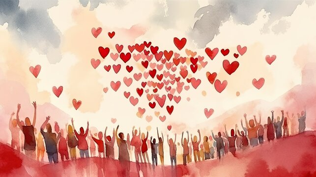 Diverse people with arms and hands raised towards hand painted hearts. Charity donation, volunteer work, support, assistance. Multicultural community. People diversity. Generative AI 