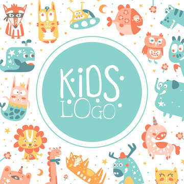 Banner with Funny Kids Fantastic Animal Character Vector Template