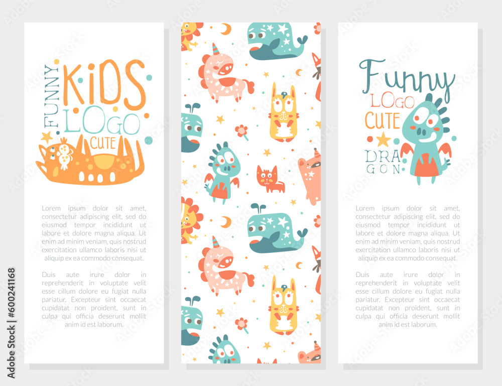 Wall mural Banner with Funny Kids Fantastic Animal Character Vector Template