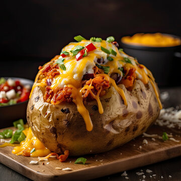 Perfect loaded baked potato with cheese, bacon, and chives created with Generative AI technology