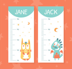 Height Chart with Funny Kids Fantastic Animal Character Vector Template