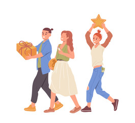 Happy customers group walking with gifts, money and reward bonuses using special offer for clients