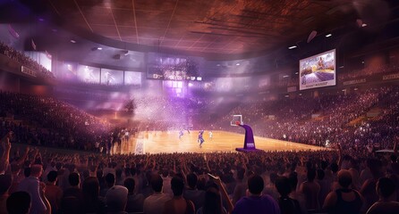 Basketball court on court lighting in the style of crowd spectator scenes with generative AI