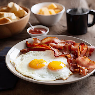 Sunny side up breakfast eggs with a side of crispy bacon created with Generative AI technology