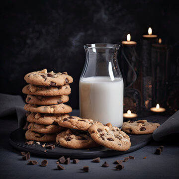 Stack of chocolate chip cookies with glass of milk created with Generative AI technology