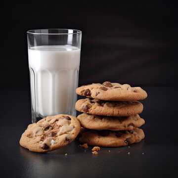 Stack of chocolate chip cookies with glass of milk created with Generative AI technology