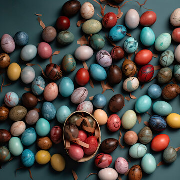 Large group of earthy colored Easter eggs in flat lay created with Generative AI technology