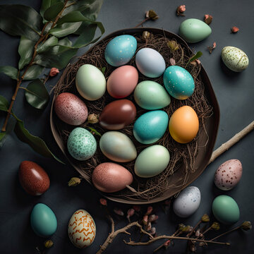 Large group of earthy colored Easter eggs in flat lay created with Generative AI technology