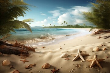 Fototapeta na wymiar A beach with coconut palms, coconut leaves, starfish, shells, and sand. Generative AI