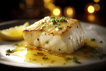 Grilled halibut with lemon butter and herbs on plate in beautiful lighting created with Generative AI technology - obrazy, fototapety, plakaty