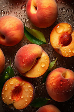 Flat lay of perfectly cut peaches with water drops in cinematic lighting created with Generative AI technology