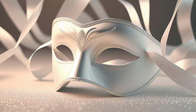 Elegant costume masquerade white gold mask w ribbons luxurious backdrop of glitter, sparkle, photography style for beautiful festive holiday invitations announcements flyers (generative AI, AI) 
