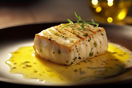 Grilled halibut with lemon butter and herbs on plate in beautiful lighting created with Generative AI technology