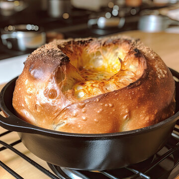 Perfect crust homemade bread in a pan in a kitchen setting created with Generative AI technology