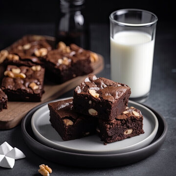 Homemade chocolate brownies with pecans with glass of milk created with Generative AI technology