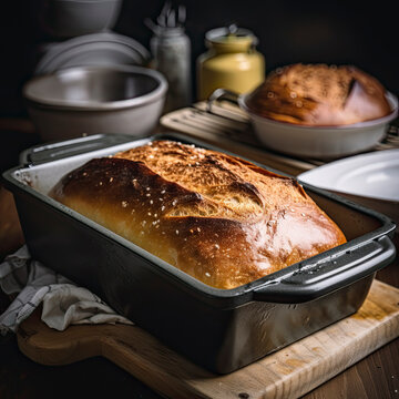 Perfect crust homemade bread in a pan in a kitchen setting created with Generative AI technology