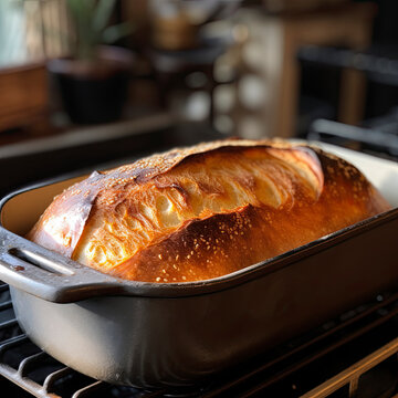 Perfect crust homemade bread in a pan in a kitchen setting created with Generative AI technology
