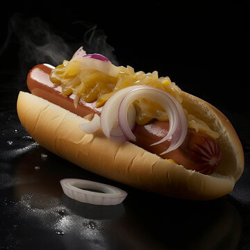 Perfect hot dog on bun with onions and cheese created with Generative AI technology