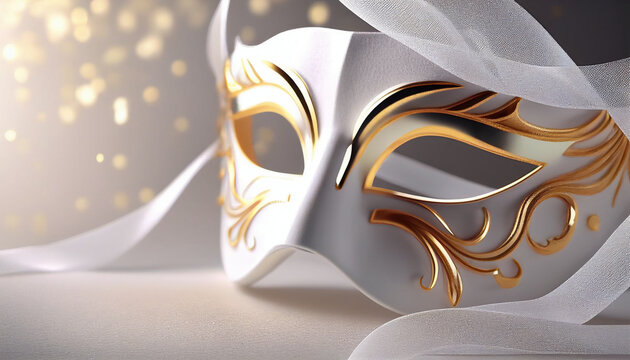 Elegant costume masquerade white gold mask w ribbons luxurious backdrop of glitter, sparkle, photography style for beautiful festive holiday invitations announcements flyers (generative AI, AI) 