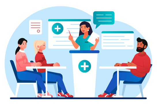 Medical conference concept. Men and women listen to lecture from girl in medical uniform. Distance education and learning. Healthcare training conference at classroom. Cartoon flat vector illustration