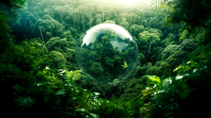 Obraz na płótnie Canvas glass globe and drone view of lush green rainforest Generative AI