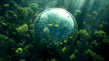 Obraz na płótnie Canvas glass globe and drone view of lush green rainforest Generative AI