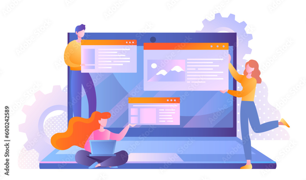 Poster website design development. man and woman with graphic elements develop ui and ux design. interface 