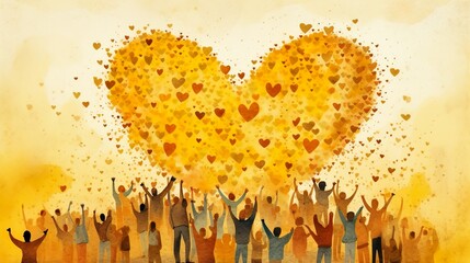 Group of multicultural people with arms and hands raised towards a hand drawn yellow heart. Charity donation, volunteer work, support, assistance, multiethnic community. Peace on earth. Generative AI