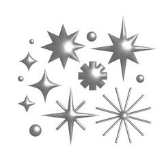 Set of Sparkle 3d Star Shapes. Vector Y2k Elements. Trendy Collection of Abstract Figures with Shiny Silver Metallic Effect.