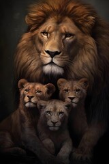 Fototapeta na wymiar family of lions in realistic ilustrations. AI art.