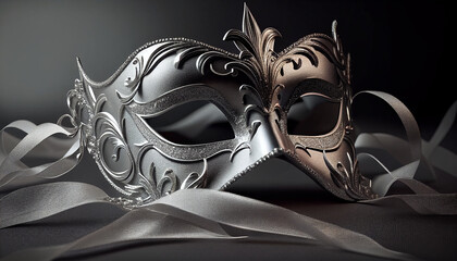 Elegant costume masquerade silver platinum mask w ribbons luxurious backdrop of glitter, sparkle, photography style for beautiful festive holiday invitations announcements flyers (generative AI, AI) 