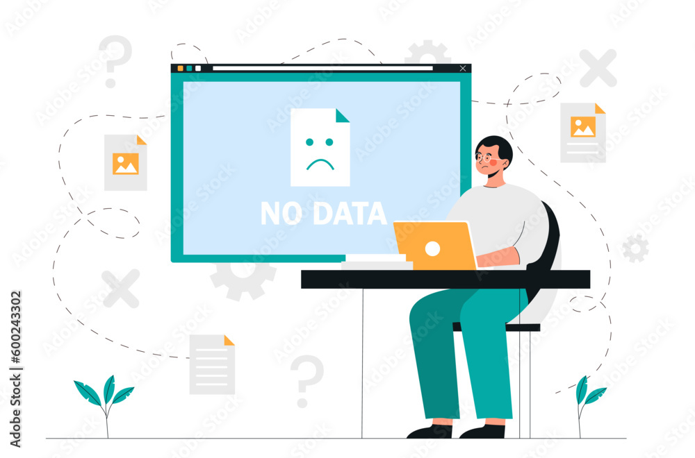 Poster no data concept. man behind laptop looks sadly at screen. no files in archive and electronic storage