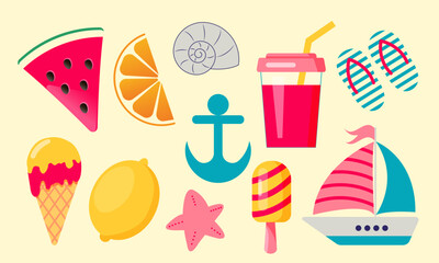 Set of summer icons food, drinks, fruits and boat.