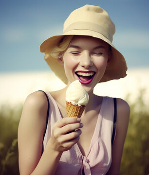 Woman eating ice cream. AI generated image.
