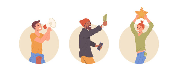 Round icons set with happy people participating in friend refer loyalty program in social media