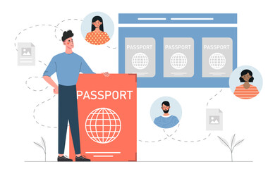 Man with passport. Document for travel and immigration, id with photo and signature. Data and personal information. Template, layout and mock up. Cartoon flat vector illustration
