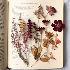 Vintage dried flowers and herbal pressed in the book. Dry rustic bloom floral herbarium in album. Generative ai 