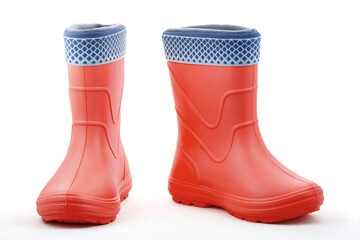 Red rubber boots isolated on white background. Kids shoes. Full depth of field. Close-up